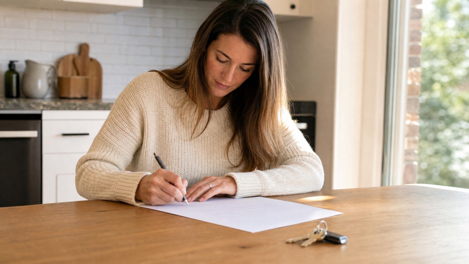 A homeowner signing a document at a kitchen table with keys and a calendar nearby